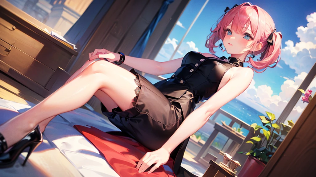 (finely detailed beautiful eyes and detailed face,masterpiece sidelighting,masterpiece,best quality,detailed,high resolution illustration),
(1girl,whole body,bishoujo,lustrous skin,looking down,looking at viewer),
(sky pink hair,Blue eyes,short skirt,ribbon,button shirt)、tits、Beautiful 5 fingers、Black lace pants、