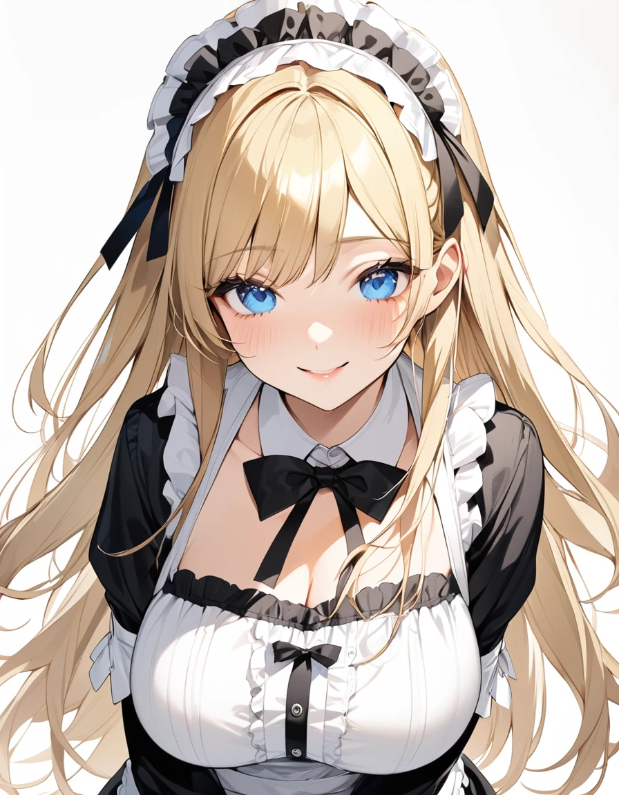 Beautiful girl in maid、(Top quality illustrations:1.2), (pretty girl:1.1), (1 girl、、Top quality illustrations:1.2), (1 girl、Kind eyes、blue eyes:1.2)、Blonde、Semi-long hair、Mature、Large Breasts、smile、(Black and white maid costume) 、sexy、White background、Simple Background