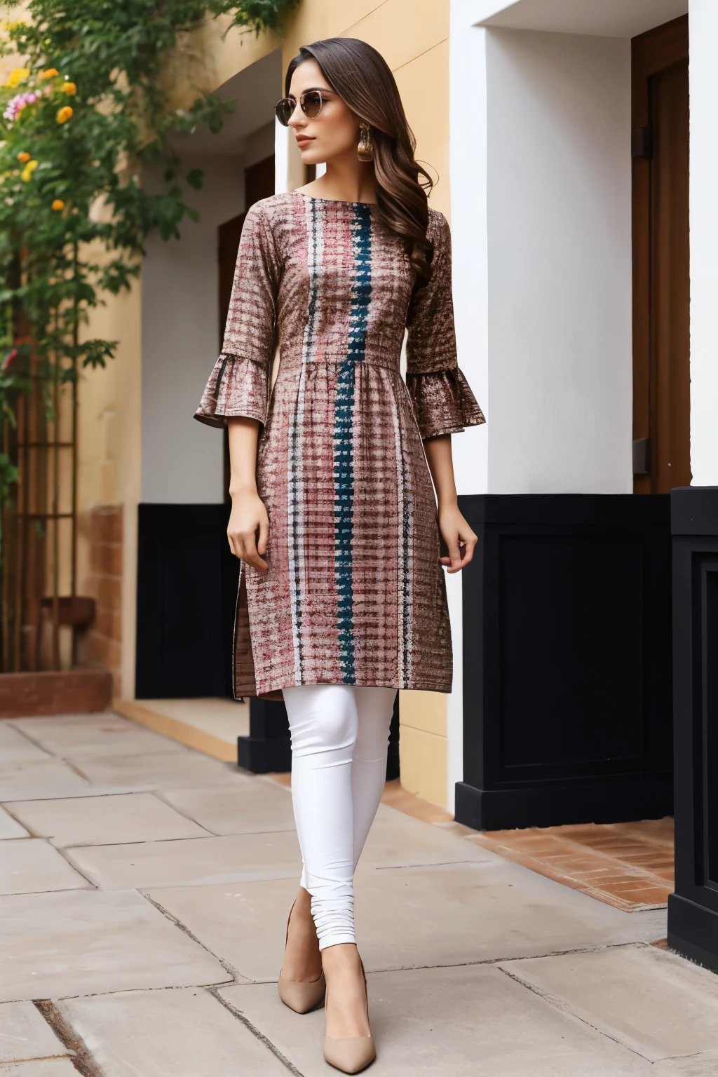 The dress in the image is a sophisticated kurti featuring a mix of traditional and contemporary design elements. Here are the key details:
1. **Color and Pattern**: The dress is predominantly beige with an intricate floral print in shades of brown and grey, giving it a natural and elegant appearance.
2. **Neckline**: It has a round neckline with a short, subtle slit at the front, adding a touch of modernity.
3. **Sleeves**: The sleeves are elbow-length, which adds to the modest and versatile look of the outfit.
4. **Fit and Length**: The kurti is tailored in a straight cut that falls just below the knee. It includes side slits, ensuring ease of movement and comfort.
5. **Fabric**: The fabric appears to be a lightweight and breathable material, suitable for both casual and semi-formal occasions.
The model is wearing a pair of dark brown leggings that complement her beige kurti. The leggings are fitted, providing a sleek and streamlined appearance, and they extend down to her ankles. The simplicity of the leggings enhances the elegance of the kurti, while also ensuring comfort and ease of movement. The dark brown color creates a subtle yet effective contrast with the lighter tones of her outfit, adding depth to the overall look.