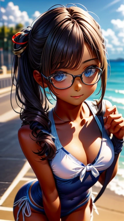 View your viewers,Leaning forward,(Random cute swimsuits that emphasize the breasts),(Random Animation Pose),(Thin type),(Small breasts),(Random Hairstyles),(Best image quality, (8k), Ultra-realistic, 最high quality, high quality, High resolution, high qualityの質感, Attention to detail, Beautiful details, Fine details, Highly detailed CG, Detailed Texture, Realistic facial expressions, masterpiece, in front),(Wear glasses:1.1)