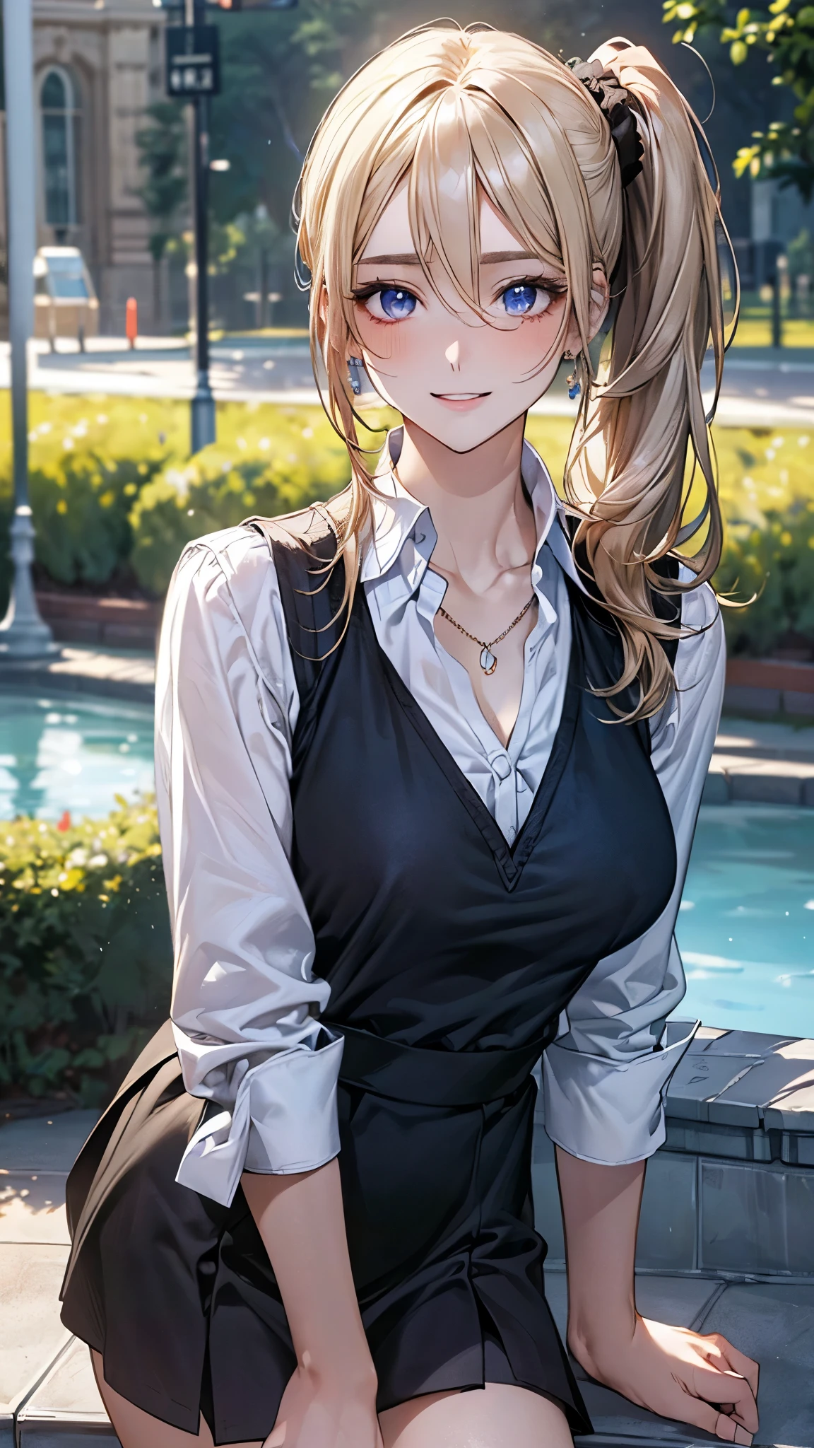 (masterpiece:1.2, top-quality), (realistic, photorealistic:1.4), beautiful illustration, (natural side lighting, movie lighting), depth of fields, (photograph),
beautiful detailed hair, beautiful detailed face, beautiful detailed eyes, beautiful clavicle, beautiful body, beautiful chest, beautiful thigh, beautiful legs, beautiful fingers,
looking at viewer, 1 girl, high school girl, (perfect anatomy, anatomically correct, super detailed skin), perfect face, parfect eyes, cute and symmetrical face, face,
(long hair, side ponytail, sidelocks, blonde hair), hair between eyes, blue eyes, slant eyes, big eyes, long eye lasher, (large breasts, seductive thighs), slender, white skin, shiny skin,
(long sleeve white collared shirt, black socks, black vest, kneehighs, dress shirt, black dress, necklace, ), blue scrunchie, jewelry, collarbone,
(beautiful scenery), evening, (park:1.2, fountain), standing, (lovery smile, upper eyes, parted lips),