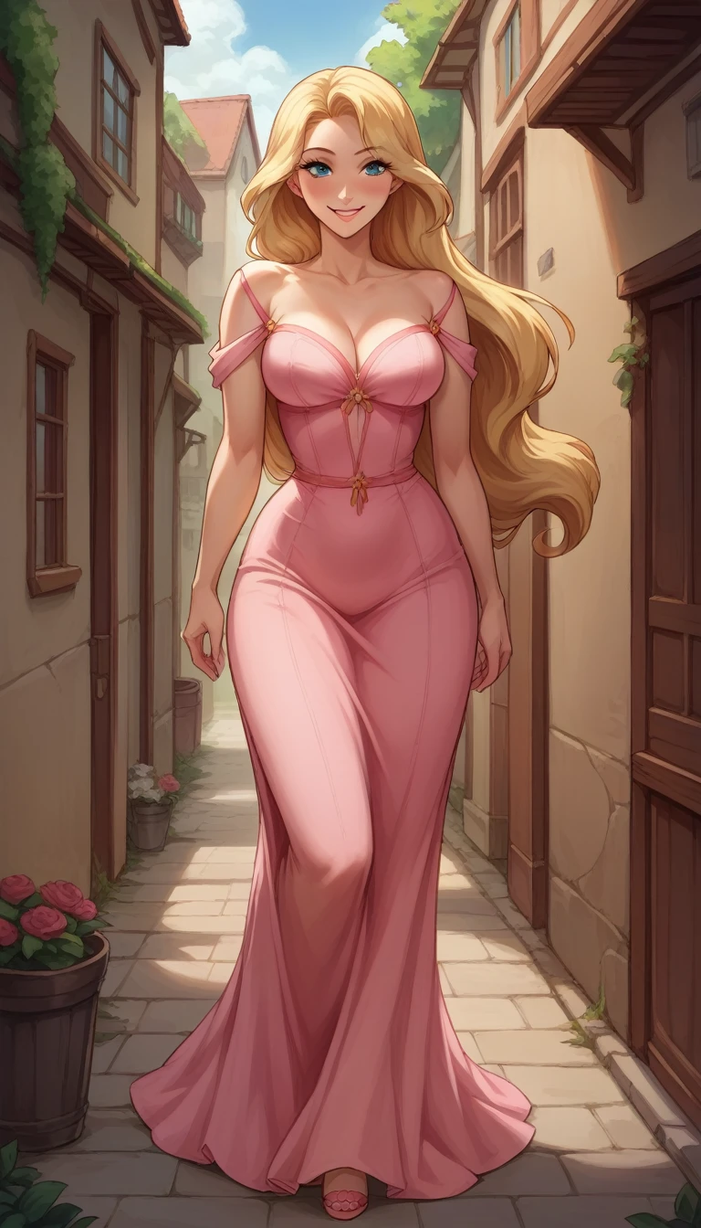 Score_9, score_8_up, score_7_up, rating explicit, source_comic, detailed soft lighting, 1girl, (Disney's Aurora, blonde hair, long flowing hair, pink dress:1.0), large breasts, BREAK smile, beautiful eyes, open eyes, (masterpiece, best quality, highly detailed, beautiful), walking, (town alley:1.2).