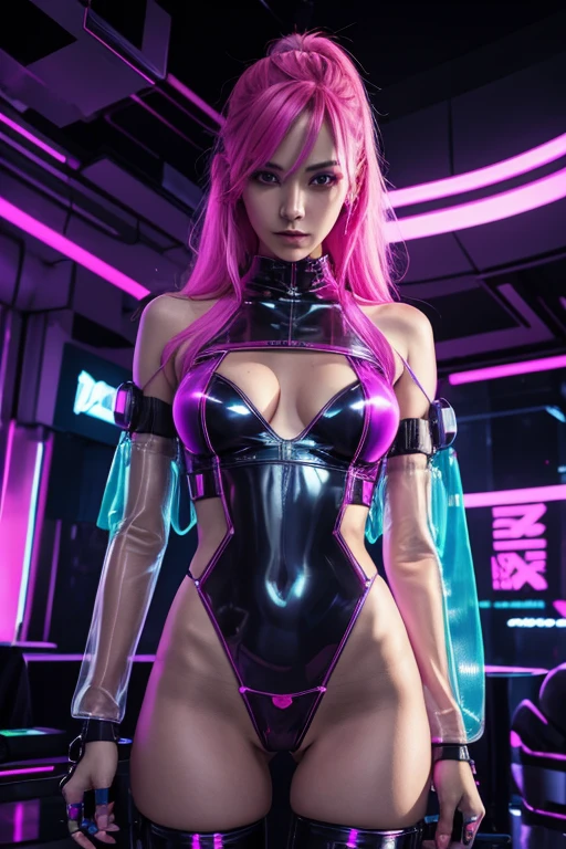 Cyberpunk, woman, Woman, brightly colored clothing shiny clothing, cyberpunk party with neon light display in background, transparent clothing with underwear visible underneath, not safe for work, transparent clothing over underwear