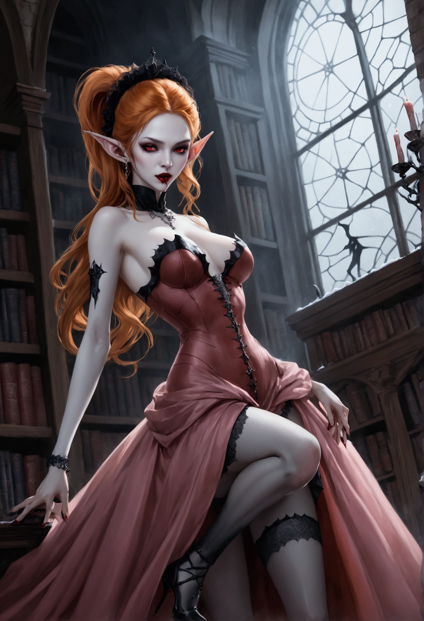 arafed a picture of elf vampire in her castle. an exquisite beautiful female elf vampire (ultra details, Masterpiece, best quality), full body, ((anatomically correct: 1.5) bloody mouth, orange hair, pale skin, hair in a ponytail, long hair, blue eyes, (small pointed ears: 1.2), cold eyes, smirking, wearing pink dress (ultra details, Masterpiece, best quality), red cloak, wearing high heels, in dark fantasy library, book shelves, vibrant, Ultra-high resolution, High Contrast, (masterpiece:1.5), highest quality, Best aesthetics), best details, best quality, highres, ultra wide angle, 16k, [ultra detailed], masterpiece, best quality, (extremely detailed) RAW, dark fantasy art, gothic art, wearing Haute_Couture designer dress, Dark Novel, Dark Art Painting Style, dripping blood, hud_s1n, short black dress, long sleeves, veil, thighhighs, goth person