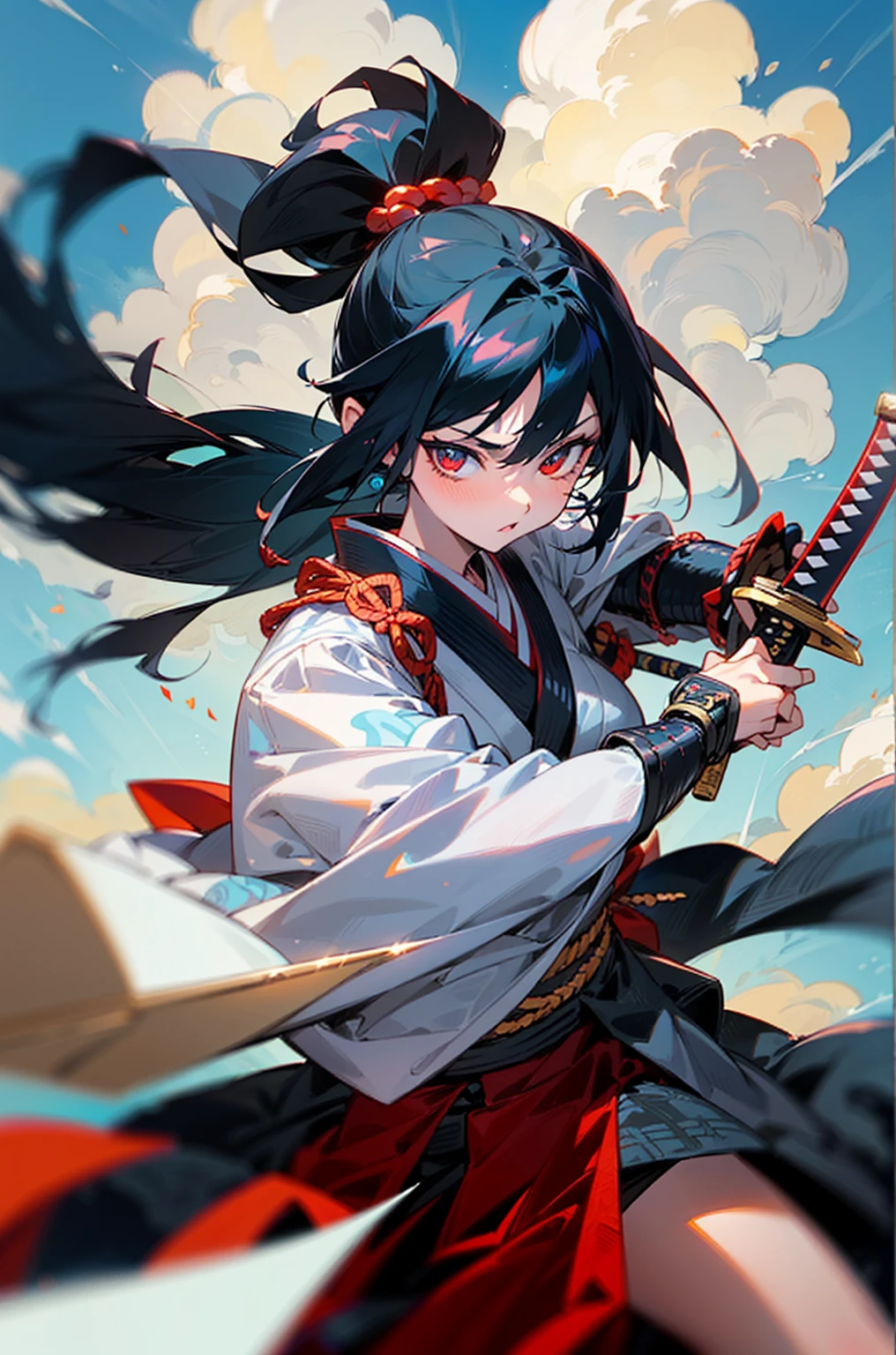 (Anime character wearing a dress with Japanese armor),( has a sword in his left arm), One Girl, (Female anime samurai warrior fighting with sword on blue background with clouds),(Deep scarlet eyes), alone,kimono. ponytail, (kimono),Have a weapon, ((Holding a samurai sword)), Long black hair, Red ribbon,(Dynamic Action)
