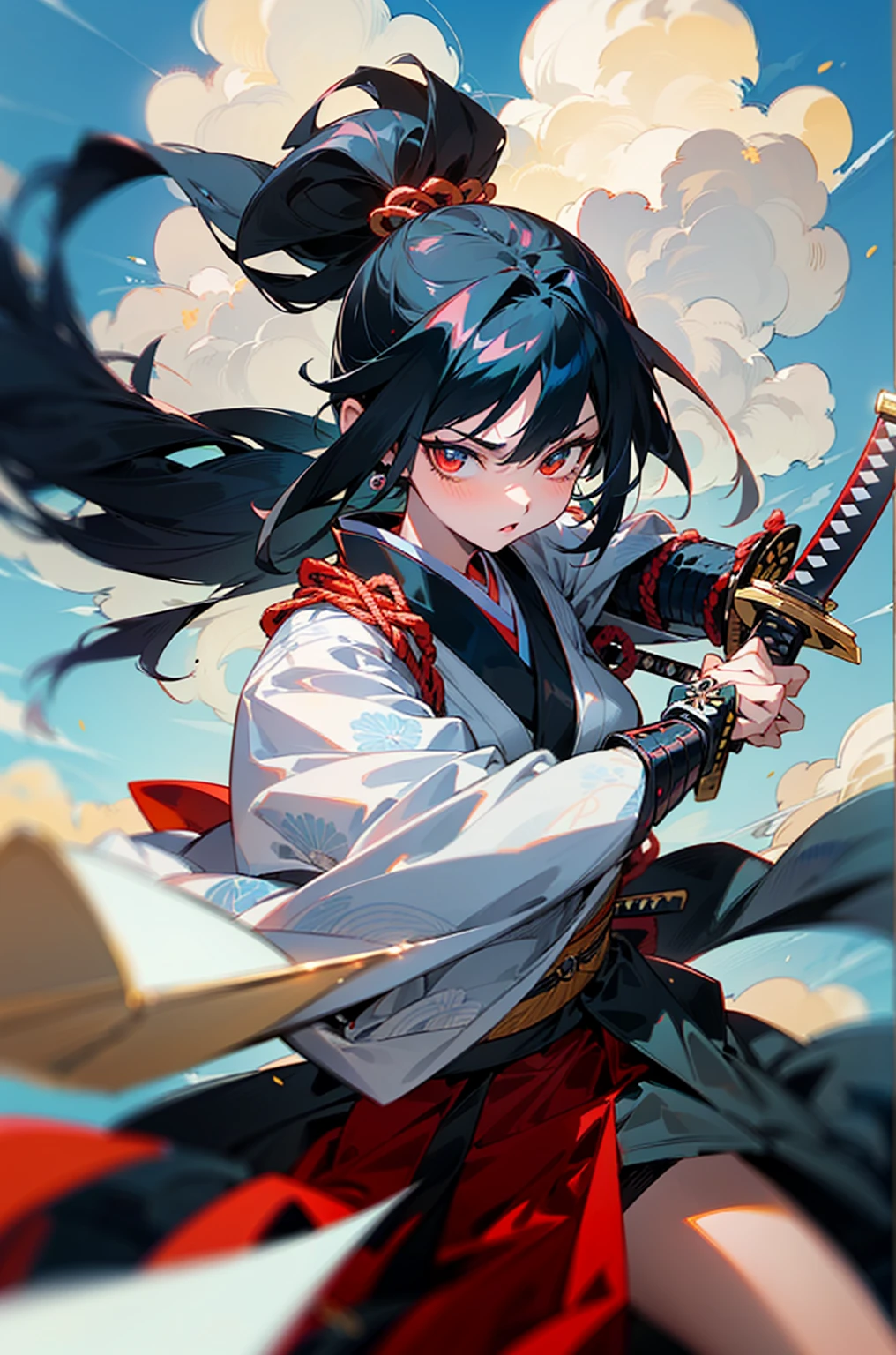 (Anime character wearing a dress with Japanese armor),( has a sword in his left arm), One Girl, (Female anime samurai warrior fighting with sword on blue background with clouds),(Deep scarlet eyes), alone,kimono. ponytail, (kimono),Have a weapon, ((Holding a samurai sword)), Long black hair, Red ribbon,(Dynamic Action)