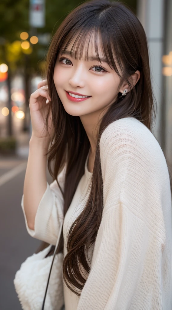 masutepiece, Best Quality, Illustration, Ultra-detailed, finely detail, hight resolution, 8K Wallpaper, Perfect dynamic composition, Beautiful detailed eyes, Luxury Brand Women's Fashion,long hair,Natural Color Lip, Bold sexy poses,Smile,Harajuku、27 years girl、Cute、Sexy shot looking at camera、piercings、a park、appointment、A smile、early evening、natta、nighttime scene