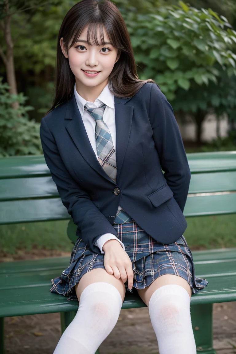 (8k), (highest quality: 1.2), (Realistic), (Realistic: 1.37), Ultra-high resolution, 1 girl, cute, (Embarrassed smile:1.2), (Blushing:1.4),Mouth closed, Beautiful details, Beautiful Nose, black straight Hair, giant dulcefo, pork, Thighs,Navel exposed,University Student Uniform,A simple blazer,Pleated skirt,(The skirt and tie are tartan check pattern.:1.3),Platform boots, (sitting on a park bench:1.2),(Shiny Thighs:1), medium shot ,(white accent socks:1.2)