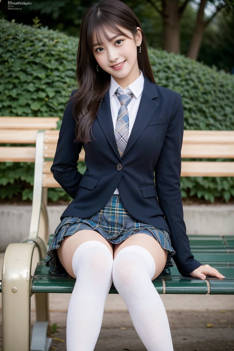(8k), (highest quality: 1.2), (Realistic), (Realistic: 1.37), Ultra-high resolution, 1 girl, cute, (Embarrassed smile:1.2), (Blushing:1.4),Mouth closed, Beautiful details, Beautiful Nose, black straight Hair, giant dulcefo, pork, Thighs,Navel exposed,University Student Uniform,A simple blazer,Pleated skirt,(The skirt and tie are tartan check pattern.:1.3),Platform boots, (sitting on a park bench:1.2),(Shiny Thighs:1), medium shot ,(white accent socks:1.2)