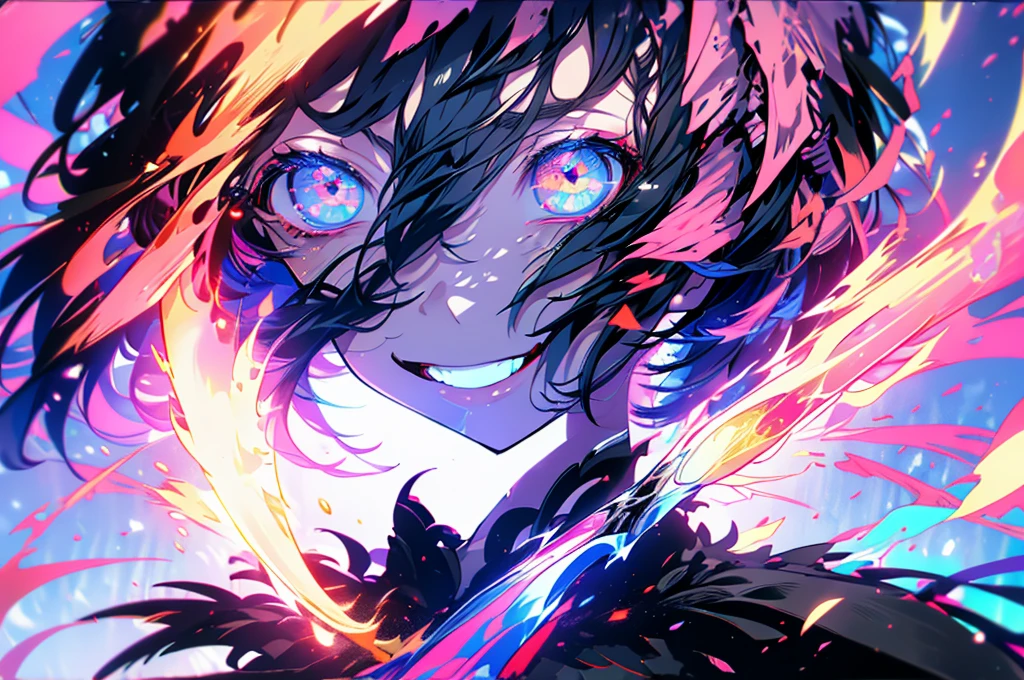 black hair, colored inner hair, hair behind ear, mullet, pointy hair, empty eyes, mismatched pupils, multicolored eyes, dilated pupils, eyeball, wide eyes, slit pupils, longeyelashes, hoop earrings, crazy, licking lips, seductive smile, long tongue, determined, evil, crazy smile, oral invitation, Conceptual art, anime, anime style, chiaroscuro, glowing light, cowboy shot, lens flare, 8k, super detail, UHD, masterpiece, accurate, accurate, textured skin, textured skin, high details, high quality, award winning, best quality, highres, 16k