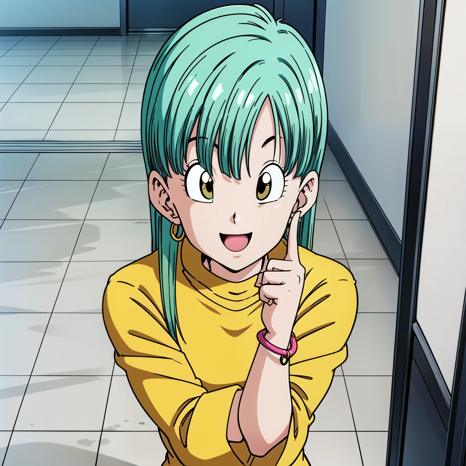 Buu Saga, Bloomers, One girl, alone, View your viewers, Semi-long hair, Brown eyes, From above at an angle, Holding, jewelry, Upper Body, Green Hair, No sleeve, indoor, bracelet, clock, hoop ,palm, palm, stop, ５Finger, Open hands facing the viewer, Earrings, Yellow dress, smile, Open your mouth, Happy, lucky, wristclock