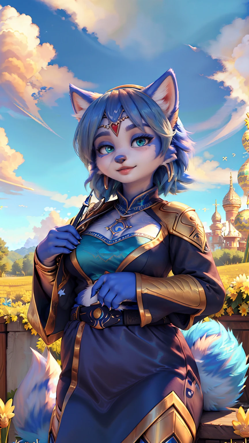 A beautiful and detailed (sweet picture) of ((Krystal)), Star Fox Krystal, green eyes, medium breasts, (((Long blue hair 1.3))), anthro, furry, (of Fluff-Kevlar, Bayard Wu, Personalami, Pino Daeni), detailed fluffy fur, detailed face, (fluffy), 1 girl, alone, Haare bedecken ein Auge:1.4, (((geht über ein Feld mit hohem Gras :1.3))), (((schaut in den himmel:1.4))),