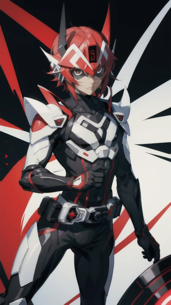 Kamen Rider、male people、Symphogear、
Black undersuit、White armor、Muffler white
Red compound eyes a belt