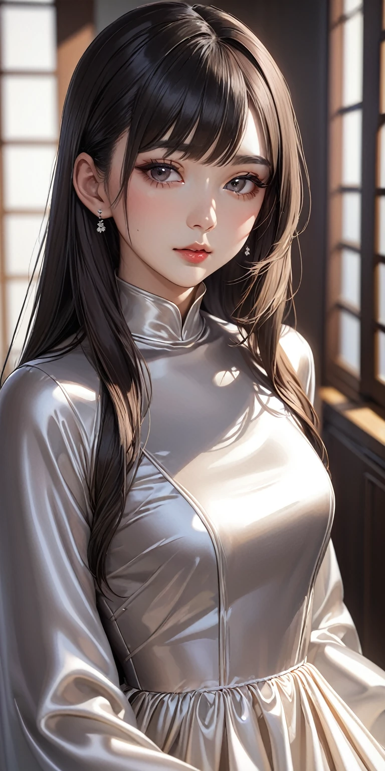 Portraiture、(masterpiece,Highest quality,Ultra-high resolution),Japanese women, (((Very beautiful 25 year old girl))),She is wearing a long-sleeved dress made of shiny satin fabric.、Simple design