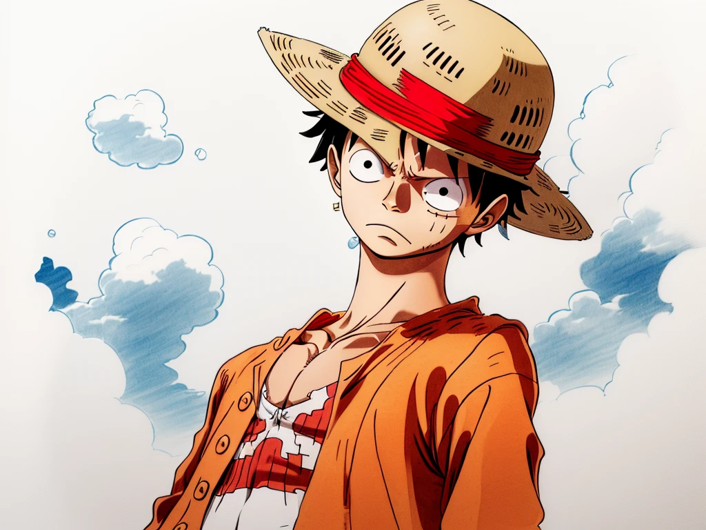 a drawing of a man in a hat and a jacket, portrait of luffy from one piece, luffy (one piece, luffy from one piece, perfect lineart, monkey d luffy, sharp lineart, luffy, monkey d. luffy, from one piece, clean lineart, extremely fine ink lineart, one piece style