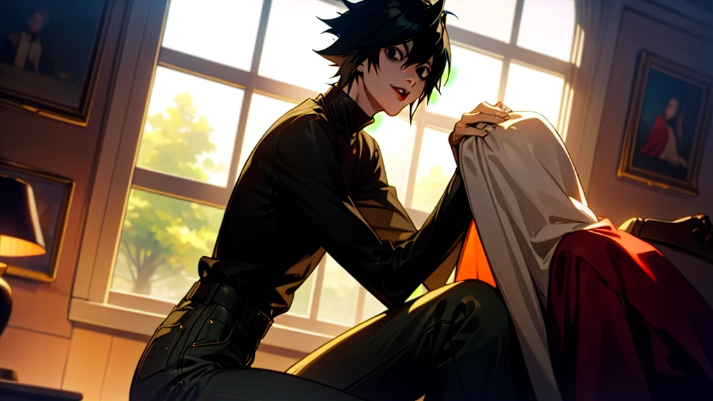 1 boy, man, perfect anatomy, mesmerizing black eyes, 8k resolution, (one person), (realism: 1.2), (masterpiece: 1.2), (cowboy frame: 1.2), dark romantic lighting, (high detail: 1.2), (detailed face: 1.2), (gradients), bright detailed eyes, (natural light: 1.2), solo, indoors, perfect lighting, (black lips), vampire fangs, perfect facial features, perfect angle, perfectly drawn eyes, man, smile, skinny, sitting