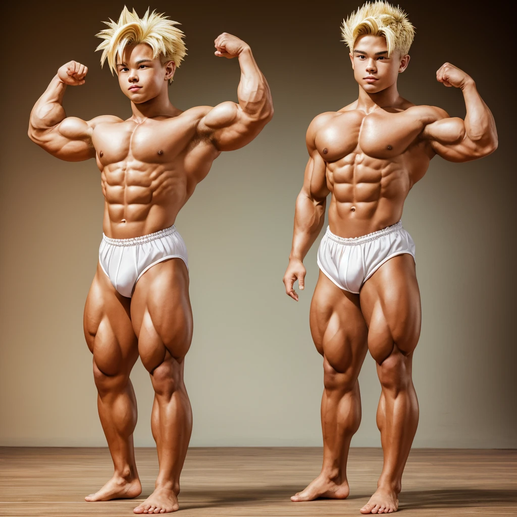 (​masterpiece, best quality), Intricate detailing, 8K, artstation, side chest, son Gohan, Teen Bodybuilder, 14 years old, blonde hair, posing bis muscles in underwear, barefoot, muscular legs, big Bizeps, Buff muscle Body,ripped muscle, bodybuilding contest, Mr universe, full body image, barefoot kick