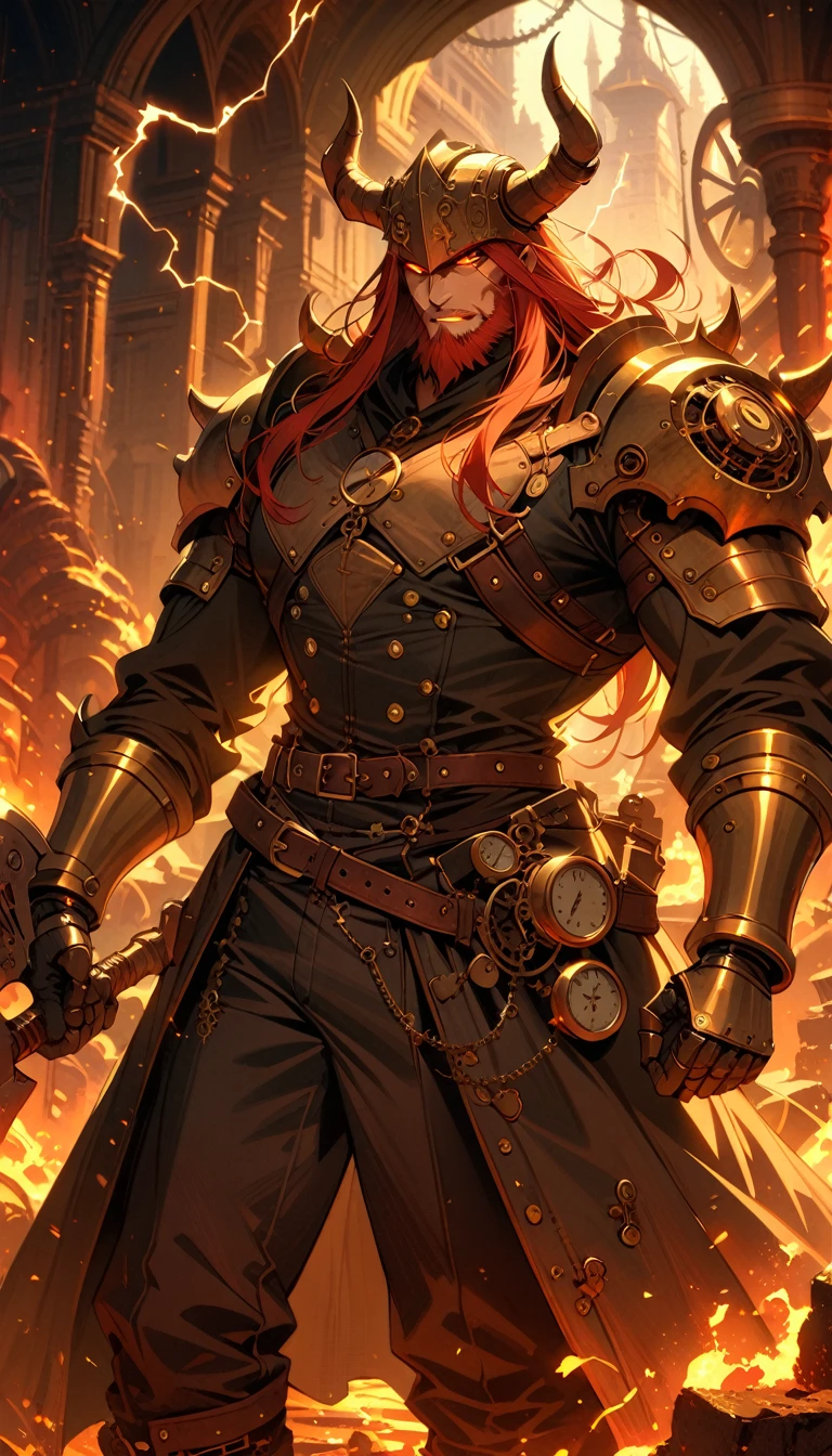 ((best quality)) , ((masterpiece)) , (detailed),axe, 1boy, male focus, horns, glowing eyes, holding, beard, glowing, solo, weapon, holding axe, facial hair, muscular, fire, holding weapon, chain, looking at viewer, long hair, lightning, muscular male, red hair, horned helmet, armor, helmet, belt, fake horns, molten rock, feet out of frame, standing, battle axe, electricity,(((steampunk style . antique, mechanical, brass and copper tones, gears, intricate, detailed)))