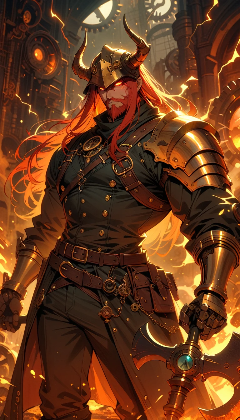 ((best quality)) , ((masterpiece)) , (detailed)，axe, 1boy, male focus, horns, glowing eyes, holding, beard, glowing, solo, weapon, holding axe, facial hair, muscular, fire, holding weapon, chain, looking at viewer, long hair, lightning, muscular male, red hair, horned helmet, armor, helmet, belt, fake horns, molten rock, feet out of frame, standing, battle axe, electricity,(((steampunk style  . antique, mechanical, brass and copper tones, gears, intricate, detailed)))