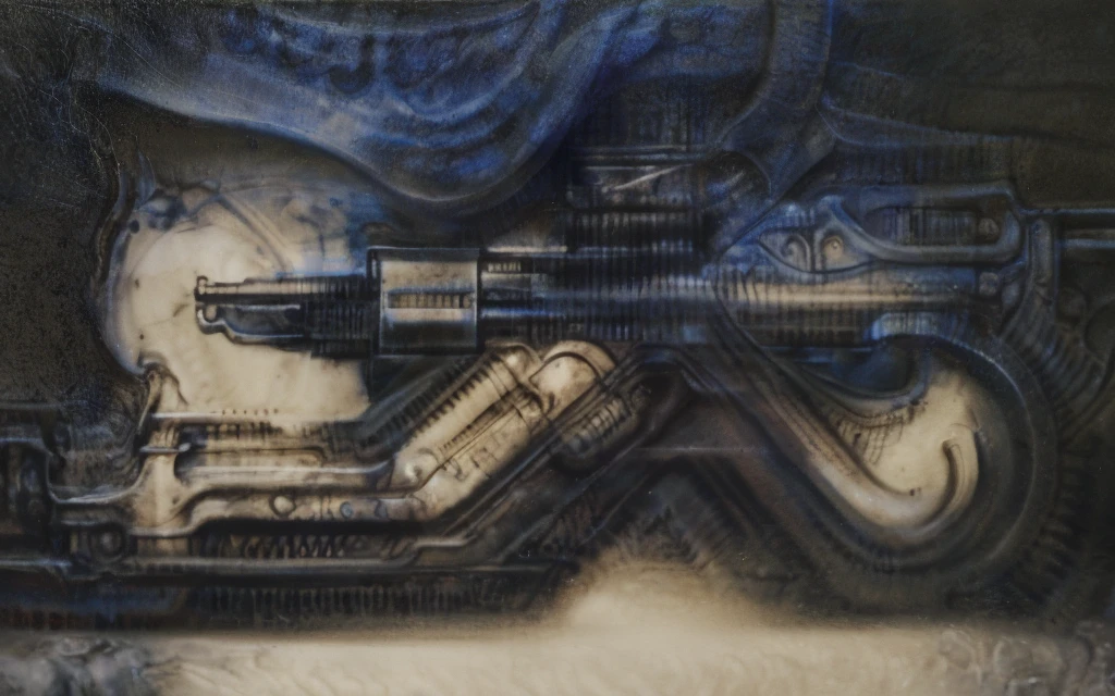 g1g3r, The image is a detailed view of H.R. Giger's biomechanical tableau \" LANDSCAPE No 312 \" plate, featuring
a complex, intricate, and detailed design of endless Machine in the transit spaceover the cascade of fallen water, that appears to be a fusion of organic and mechanical elements, with a focus on the interplay between the two.The piece is a tableau, most likely created with a India ink pen or pencil on paper, determined by the thin lines, shading techniques, and the texture of the paper, which is visible around the edges.
Used is pen, given the shading and variations in line weight visible in the image. Artist have used a variety of stylus with different degrees of hardness to achieve the shading effects.
The use of undersaturated green-grays dark contrasts creates a stark and graphic look. Is used a variety of linework techniques to create different textures. Fine, parallel lines create a smooth, metallic texture,while thicker, more cursive lines suggest cables or wires.
Light source from the top highlights skeletals, pper part of foreground, lower part of image is in shadowupper part of foreground, lower part of image is in shadow.
The art performance showcases the artist’s skills in observation and rendering. The level of detail in the piece suggests a close study of real bone specimens and mechanics. The artist has skillfully used shading techniques to create a convincing illusion of three-dimensionality on a flat surface. The wrinkles and cracks in the surface, and the cast shadows with accuracy, used shading techniques to create a realistic depiction of light and shadow on the objects. This creates a sense of depth and dimension in the image. The artist has used careful linework to depict the contours and textures in the piece
Sharp focus on foreground elements illustration. Deep and delicate DOF. Big painting. Stored in Louvre masterpiece, ooze soaked pajama top