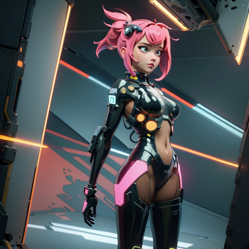 (masterpiece, best quality, ultra-detailed), mecha pilot woman, futuristic pilot suit, sleek and form-fitting with advanced protective gear, helmet with transparent visor and integrated HUD, short hair, determined expression, standing confidently in front of a large mecha, cyberpunk cityscape in the background, neon lights reflecting off her suit, intricate mechanical details, holding a helmet under one arm, high-tech environment, cinematic lighting
