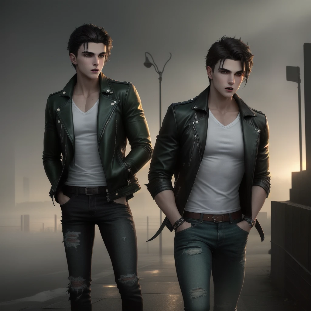 Young American Vampire Boy, characterized by his dark brown hair with captivating dark green eyes, showcases a chiseled athletic physique adorned with vampire-like fangs. He casually dresses in slightly torn jeans and a crisp white shirt, layered with a black leather jacket that adds an edgy appeal. The setting is a realistically rendered cityscape at night, bathed in the ethereal glow of fog, creating a surreal and mesmerizing backdrop for this 4K, high-quality image.
