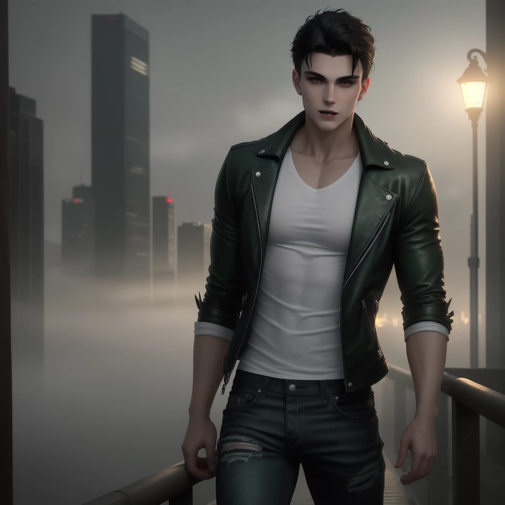 Young American Vampire Boy, characterized by his dark brown hair with captivating dark green eyes, showcases a chiseled athletic physique adorned with vampire-like fangs. He casually dresses in slightly torn jeans and a crisp white shirt, layered with a black leather jacket that adds an edgy appeal. The setting is a realistically rendered cityscape at night, bathed in the ethereal glow of fog, creating a surreal and mesmerizing backdrop for this 4K, high-quality image.