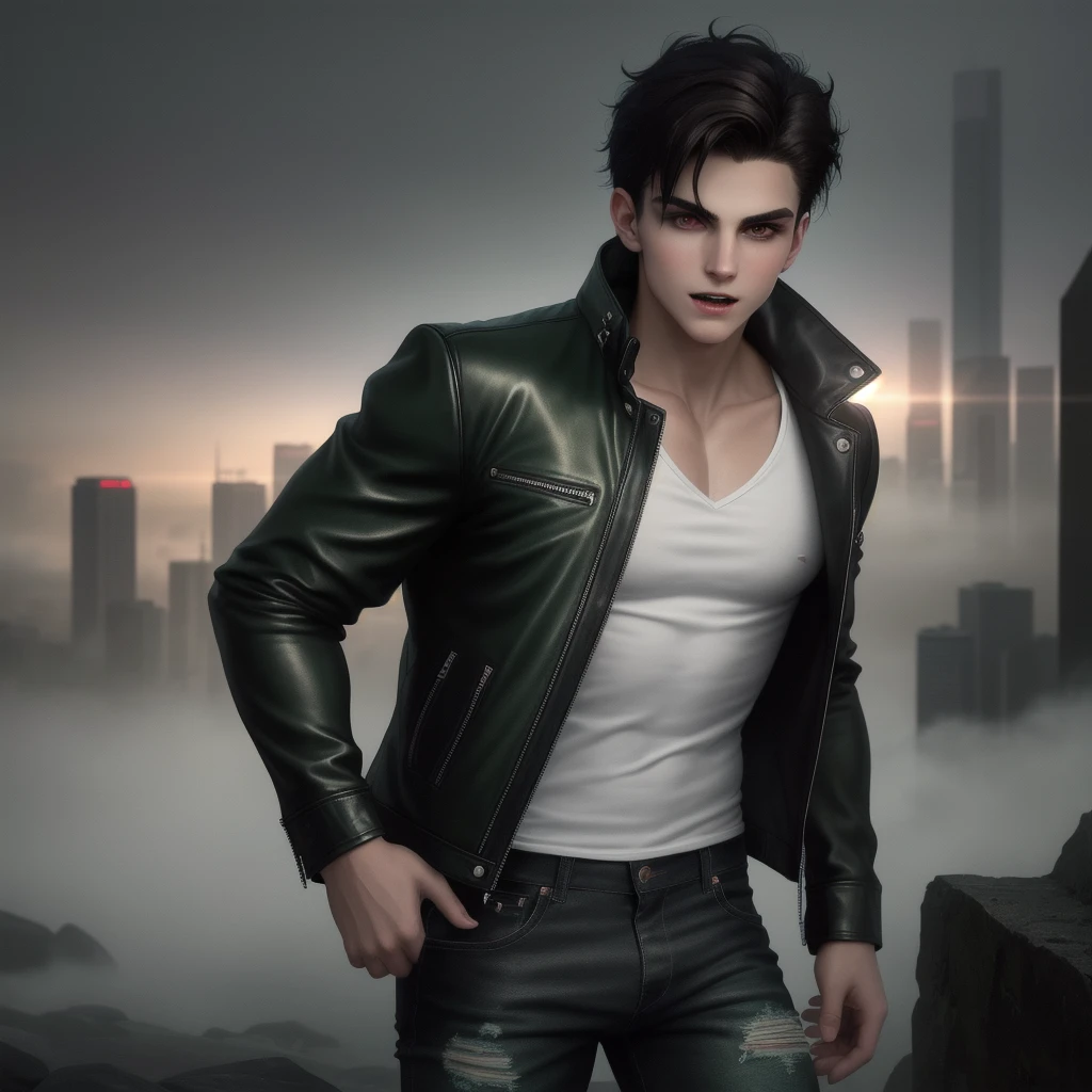 Young American Vampire Boy, characterized by his dark brown hair with captivating dark green eyes, showcases a chiseled athletic physique adorned with vampire-like fangs. He casually dresses in slightly torn jeans and a crisp white shirt, layered with a black leather jacket that adds an edgy appeal. The setting is a realistically rendered cityscape at night, bathed in the ethereal glow of fog, creating a surreal and mesmerizing backdrop for this 4K, high-quality image.
