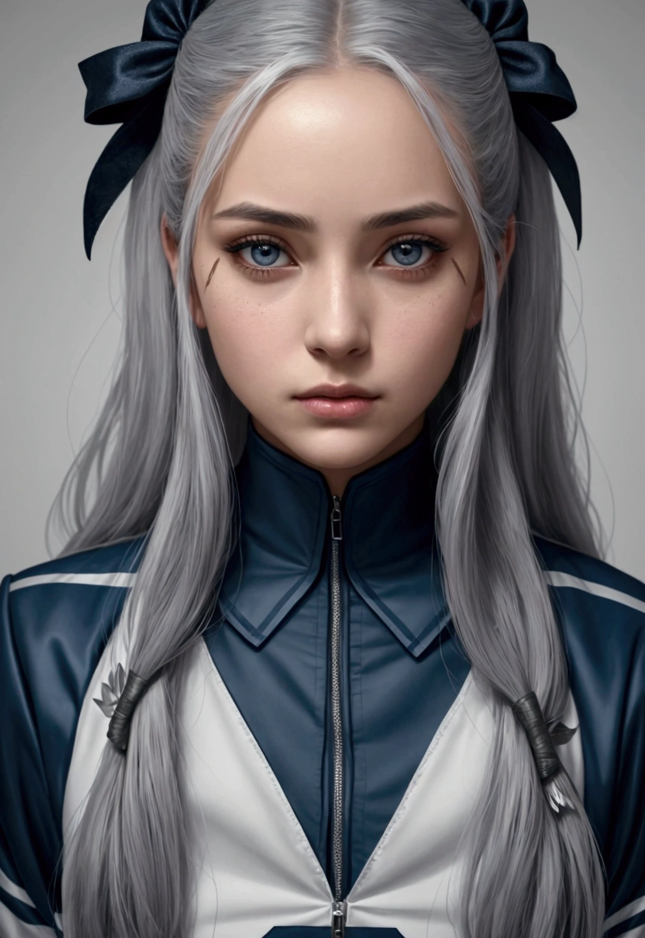 A once stunning cheerleader , now aged and imprisoned by a malevolent scientist, her once youthful appearance fading with gray hair and wearing her cheerleader's uniform as her only attire. This astonishing image captures the dichotomy of beauty and captivity, with the woman's long graying hair cascading around her as a symbol of her lost youth. The quality of the painting is exceptional, with exquisite attention to detail in both the woman's features and the intricate uniform she wears. The depiction evokes a sense of sadness and intrigue, drawing viewers into the mysterious story behind the image.