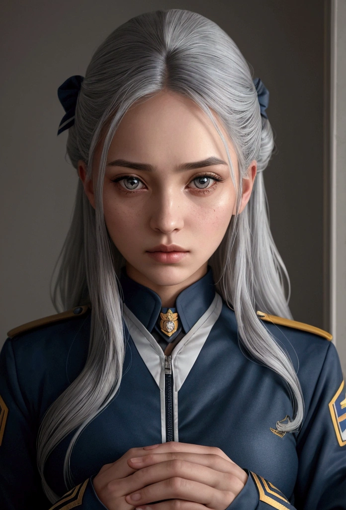 A once stunning cheerleader , now aged and imprisoned by a malevolent scientist, her once youthful appearance fading with gray hair and wearing her cheerleader's uniform as her only attire. This astonishing image captures the dichotomy of beauty and captivity, with the woman's long graying hair cascading around her as a symbol of her lost youth. The quality of the painting is exceptional, with exquisite attention to detail in both the woman's features and the intricate uniform she wears. The depiction evokes a sense of sadness and intrigue, drawing viewers into the mysterious story behind the image.