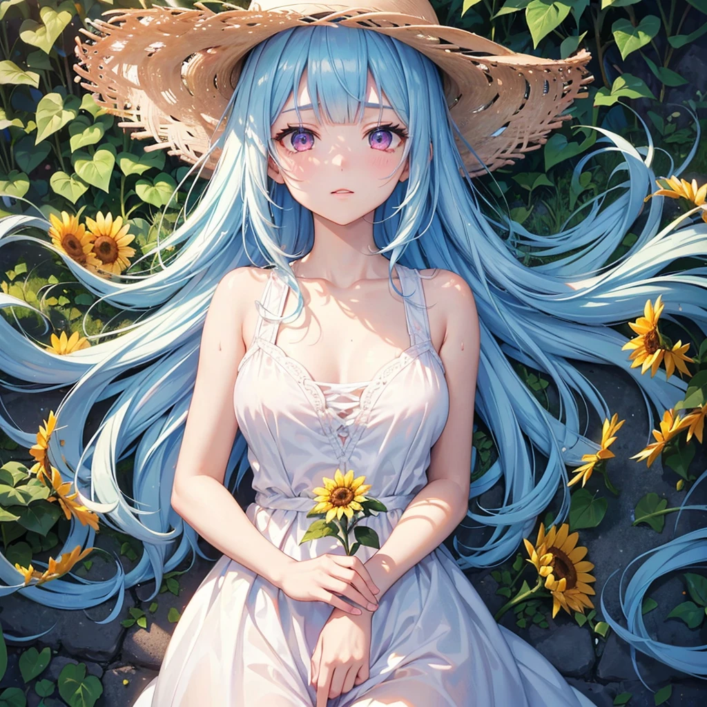 Sky blue hair,Braiding,(Pink Eyes),Fair skin ,(whole body),(One Girl),buzzer,Sunflower field,White Dress,Blunt bangs,Wipe away sweat,Wink,Straw hat,(masterpiece, Highest quality, Very detailed, Best Shadow), (Detailed Background), (Beautifully detailed face), High Contrast, (Best lighting, Very delicate and beautiful), ((Cinematic Light)), colorful, Hyper Detail, Dramatic Light, Intricate details,buzzerの暑い日差し,