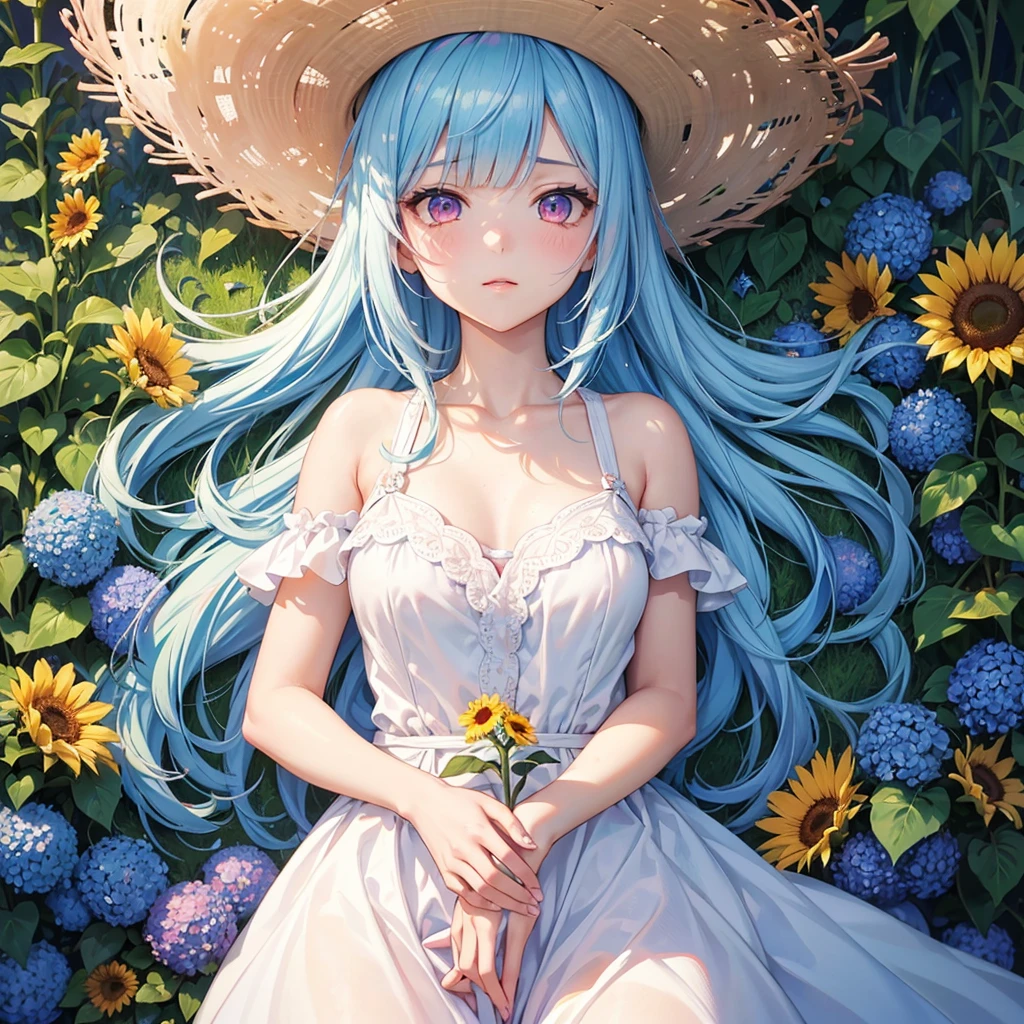 Sky blue hair,Braiding,(Pink Eyes),Fair skin ,(whole body),(One Girl),buzzer,Sunflower field,White Dress,Blunt bangs,Wipe away sweat,Wink,Straw hat,(masterpiece, Highest quality, Very detailed, Best Shadow), (Detailed Background), (Beautifully detailed face), High Contrast, (Best lighting, Very delicate and beautiful), ((Cinematic Light)), colorful, Hyper Detail, Dramatic Light, Intricate details,buzzerの暑い日差し,