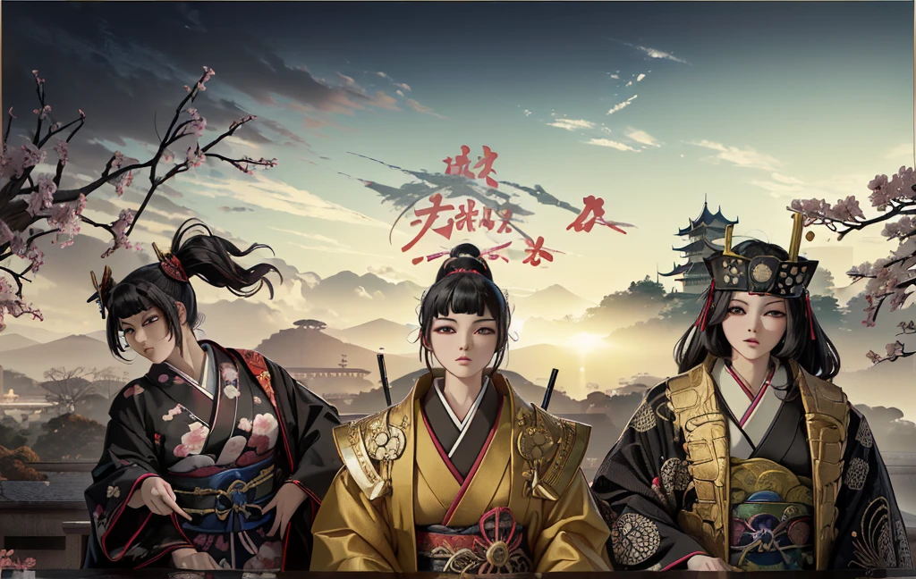 Female, (girls:1.5), (exceptional, best aesthetic, new, newest, best quality, anime, waifu:1.2), best quality, ultra detailed, absurdres, highres, colored, good anatomy, black hair, pretty face, Japanese Samurai armor, swords, Kimono clothes, capes, Japanese castle, tree
