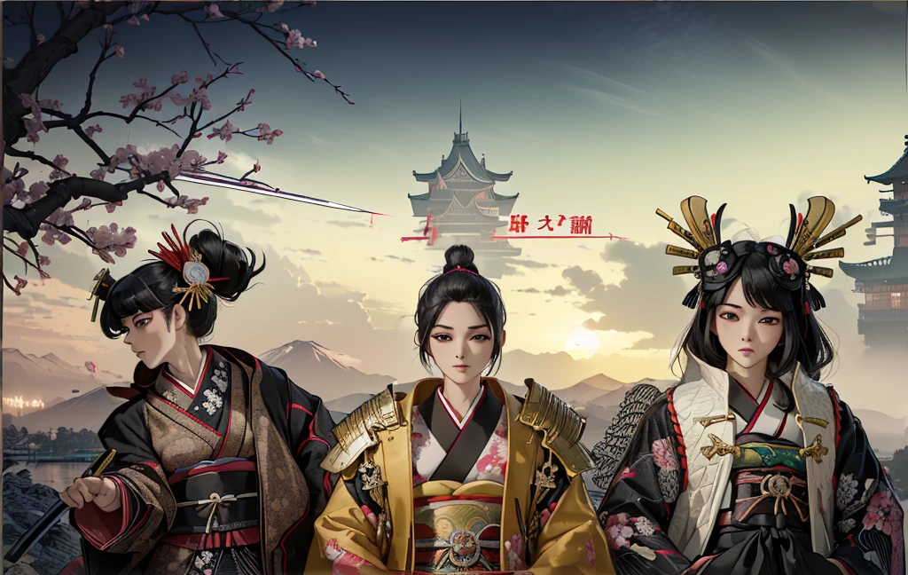 Female, (girls:1.5), (exceptional, best aesthetic, new, newest, best quality, anime, waifu:1.2), best quality, ultra detailed, absurdres, highres, colored, good anatomy, black hair, pretty face, Japanese Samurai armor, swords, Kimono clothes, capes, Japanese castle, tree