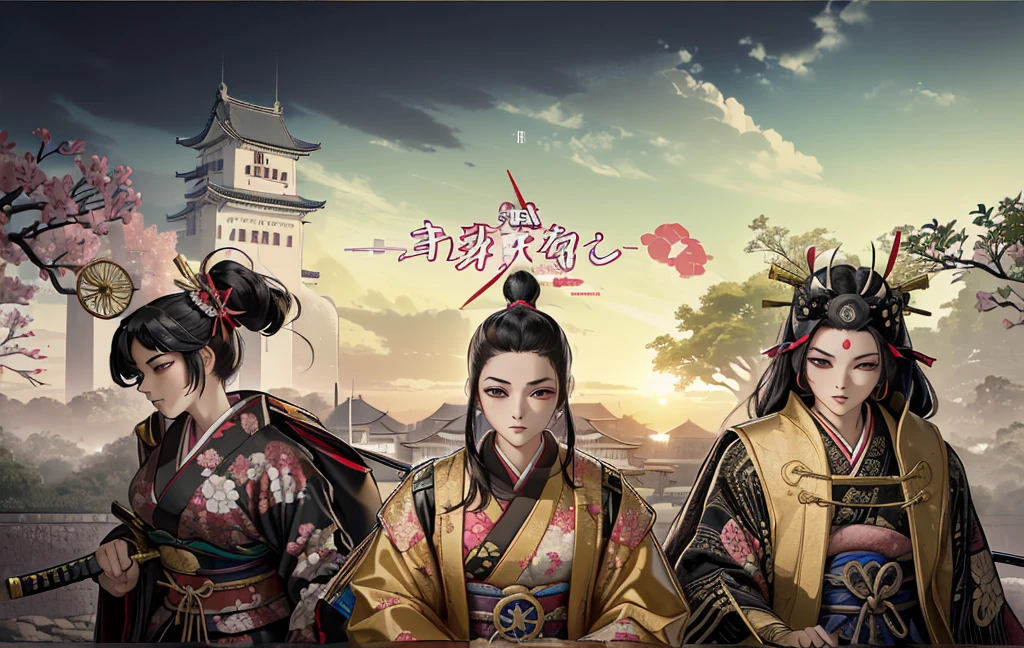 Female, (girls:1.5), (exceptional, best aesthetic, new, newest, best quality, anime, waifu:1.2), best quality, ultra detailed, absurdres, highres, colored, good anatomy, black hair, pretty face, Japanese Samurai armor, swords, Kimono clothes, capes, Japanese castle, tree