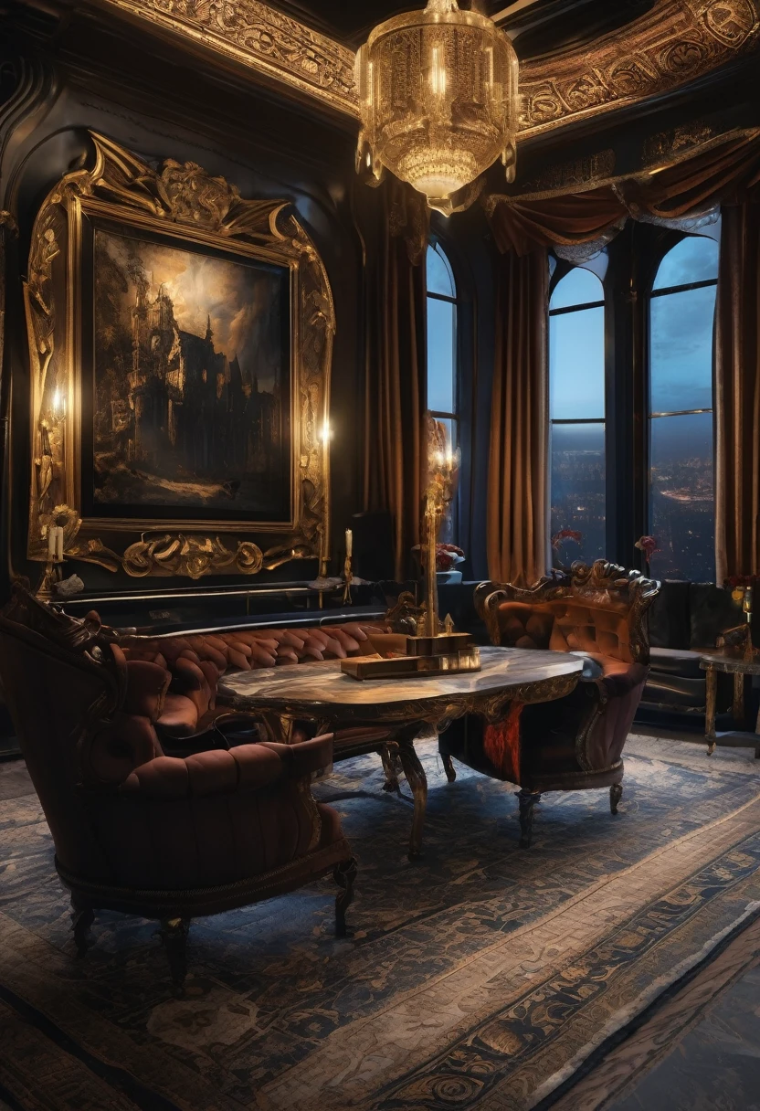 Highest quality,4K,8k,High resolution,masterpiece:1.2,Very detailed,Realistic:1.37,Batman themed decor,Luxurious living room,Gothic aesthetics,ornate furniture,Dark Color Palette,Sparkling Chandelier,elaborate tapestry,Elegant marble floor,Large stained glass windows,Hall々statue,candle light atmosphere,Dramatic Shadows,Rich texture,Attention to detail,Brass accents,Luxurious curtains,Antique Bookshelf,Velvet Upholstery,Moody lighting,Mysterious atmosphere,A wonderful work of art,Comfortable lounge chair,Magnificent fireplace,Secret Passage,Hidden Bat Symbol,impressive architecture,Batman Memorabilia,Superb craftsmanship,Vintage gothic vibe,The intimidating Bat Signal,Lavish decoration,Hauntingly beautiful,Enchanting atmosphere,An unforgettable gothic experience,Unparalleled Luxury,Immersive Batman World