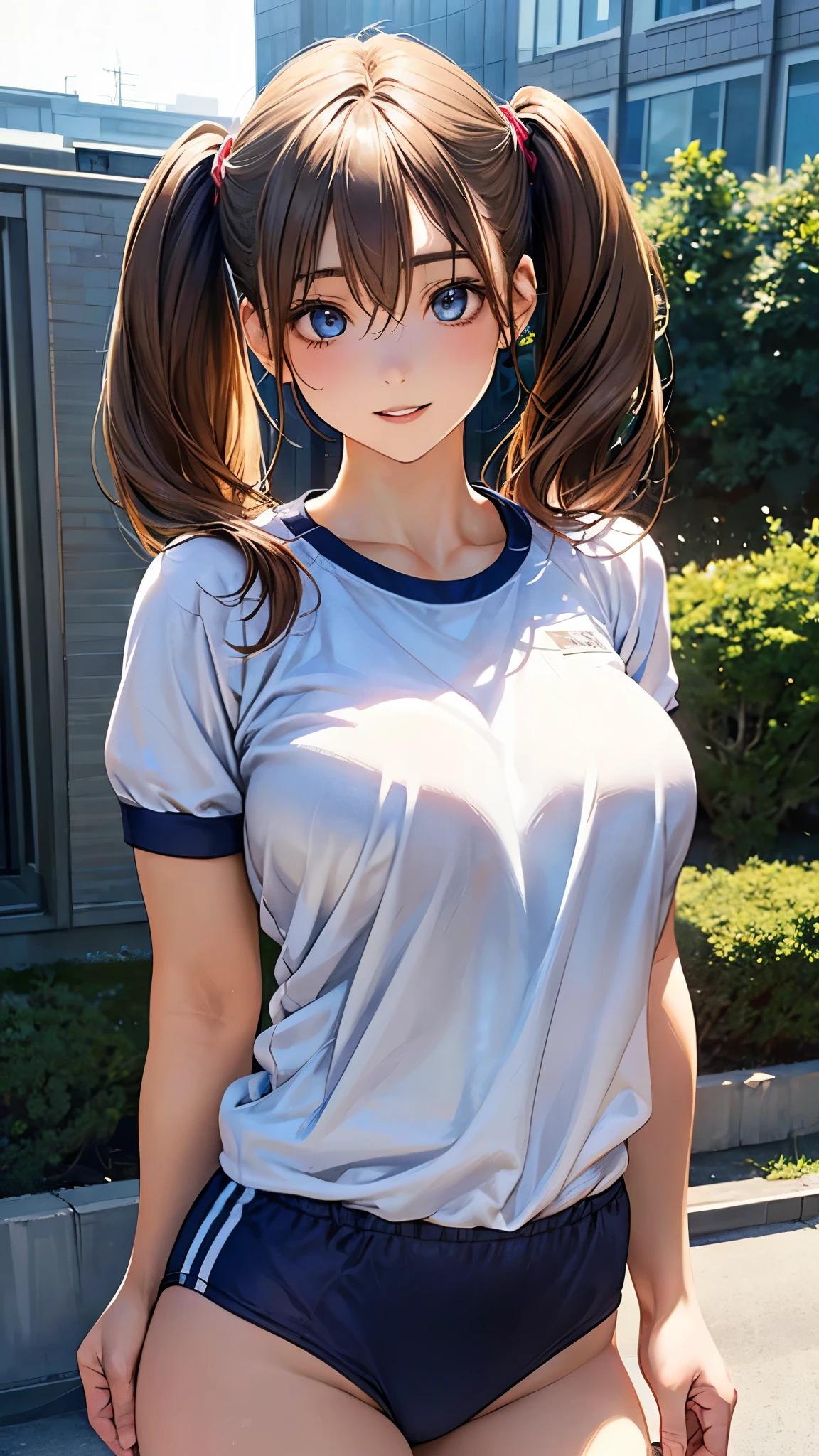 (masterpiece:1.2, top-quality), (realistic, photorealistic:1.4), beautiful illustration, (natural side lighting, movie lighting), nsfw, 
looking at viewer, 1 girl, japanese, high school girl, perfect face, cute and symmetrical face, shiny skin, 
(middle hair:1.5, twintails:1.2, light brown hair), hair between eyes, blue eyes, big eyes, long eye lasher, (large breasts:0.8, thick thighs), slender, 
beautiful detailed hair, beautiful detailed face, beautiful detailed eyes, beautiful clavicle, beautiful body, beautiful chest, beautiful thigh, beautiful legs, beautiful fingers, 
(gym uniform, blue buruma), 
(beautiful scenery), evening, (school grounds), standing, (lovely smile, upper eyes, parted lips),