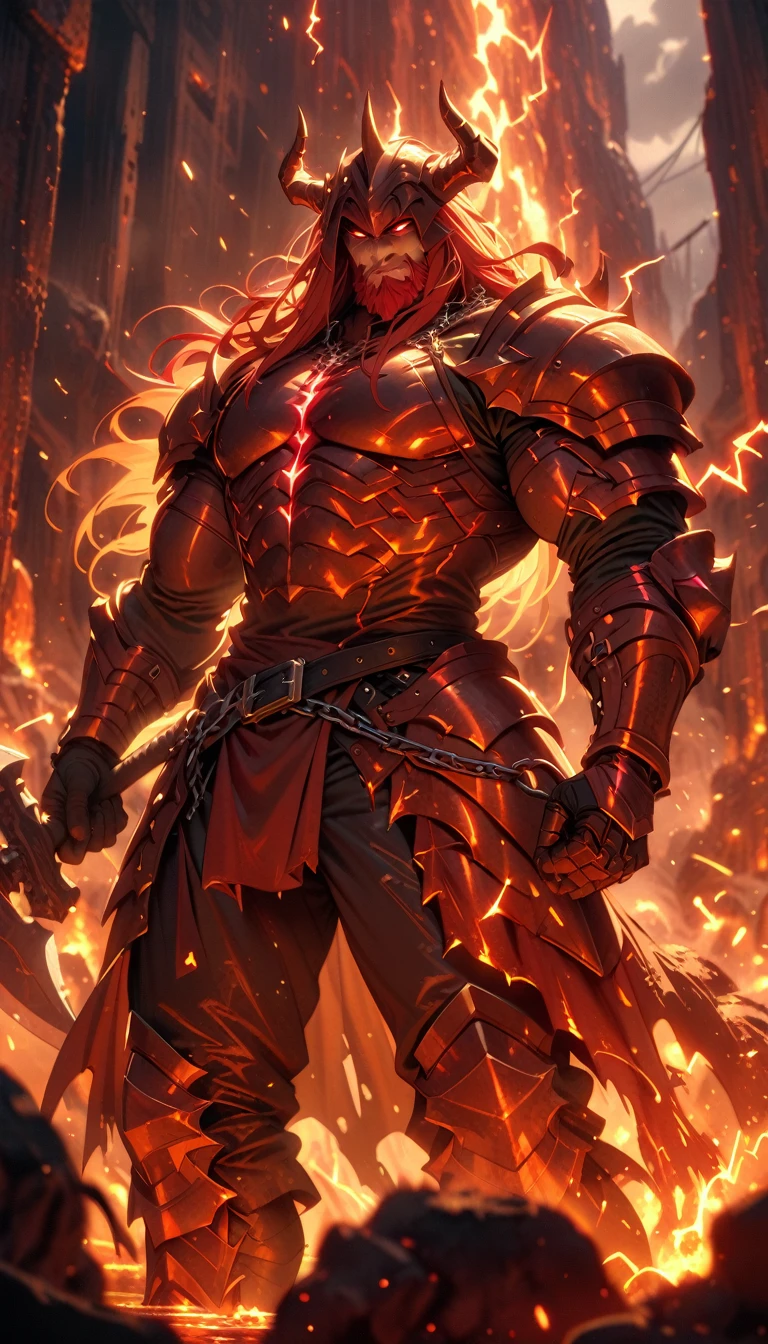 ((best quality)) , ((masterpiece)) , (detailed)，axe, 1boy, male focus, horns, glowing eyes, holding, beard, glowing, solo, weapon, holding axe, facial hair, muscular, fire, holding weapon, chain, looking at viewer, long hair, lightning, muscular male, red hair, horned helmet, armor, helmet, belt, fake horns, molten rock, feet out of frame, standing, battle axe, electricity,(((evil)))