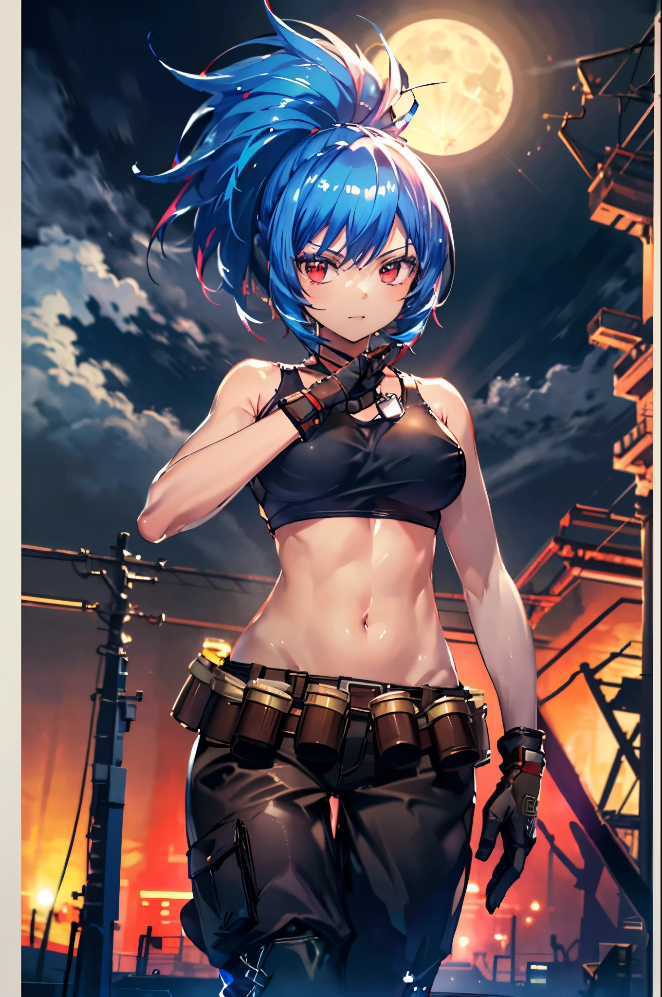 (masterpiece, highest quality, ultra high res, ultra detailed:1.3), 1 girl, ideal ratio body proportions, red eyes, (blue hair:1.2), high ponytail, unruly hair, brown tank top, military pants, military boots, bare shoulders, bare arms, open finger gloves, dog tag, full moon_landscape, night time, tank top covered nipples,