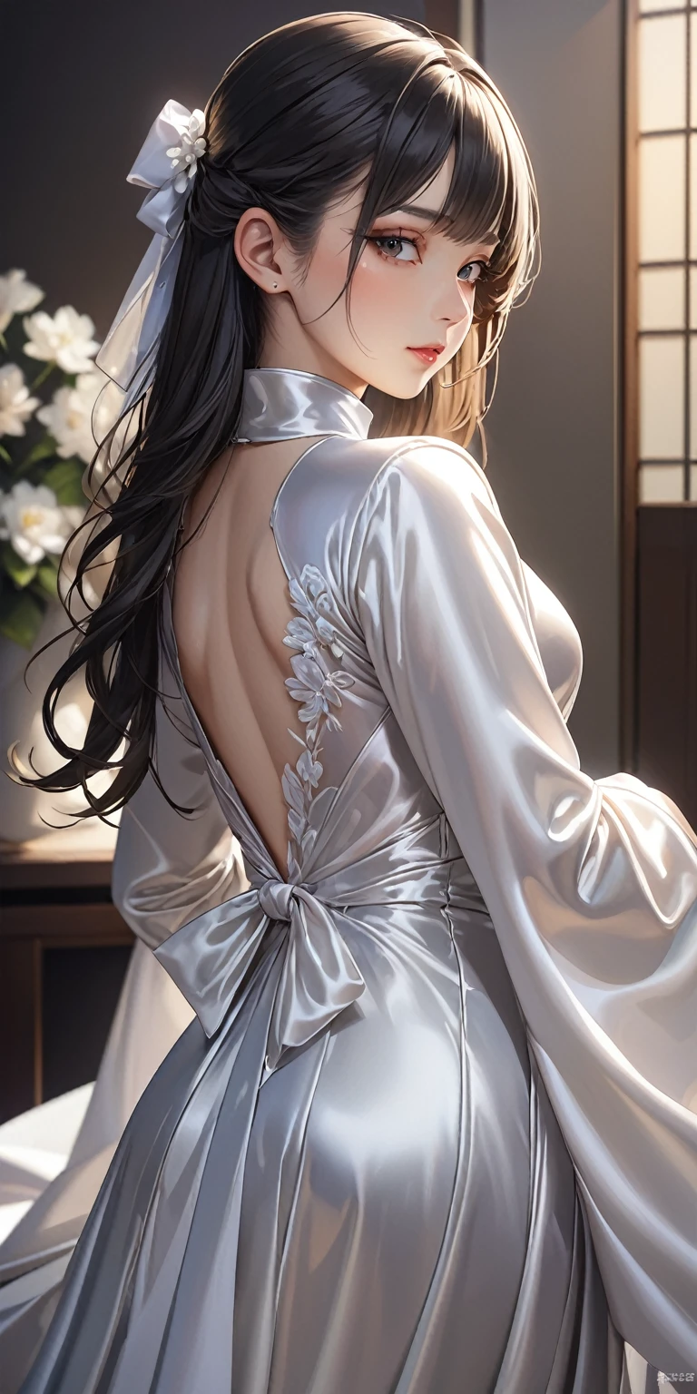 Portraiture、(masterpiece,Highest quality,Ultra-high resolution),Japanese women, (((Very beautiful 25 year old girl))),She is wearing a long-sleeved dress made of shiny satin fabric.、Simple design