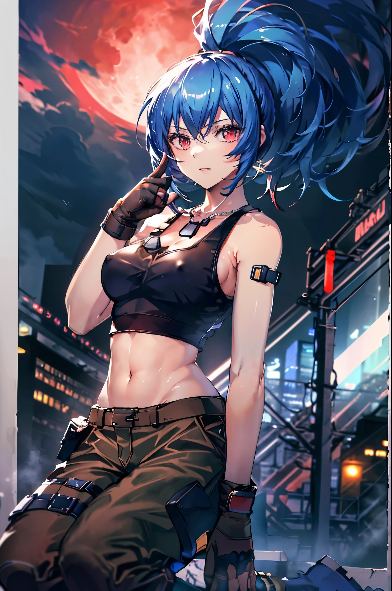 (masterpiece, highest quality, ultra high res, ultra detailed:1.3), 1 girl, ideal ratio body proportions, red eyes, (blue hair:1.2), high ponytail, unruly hair, brown tank top, military pants, military boots, bare shoulders, bare arms, open finger gloves, dog tag, full moon_landscape, night time, tank top covered nipples, 