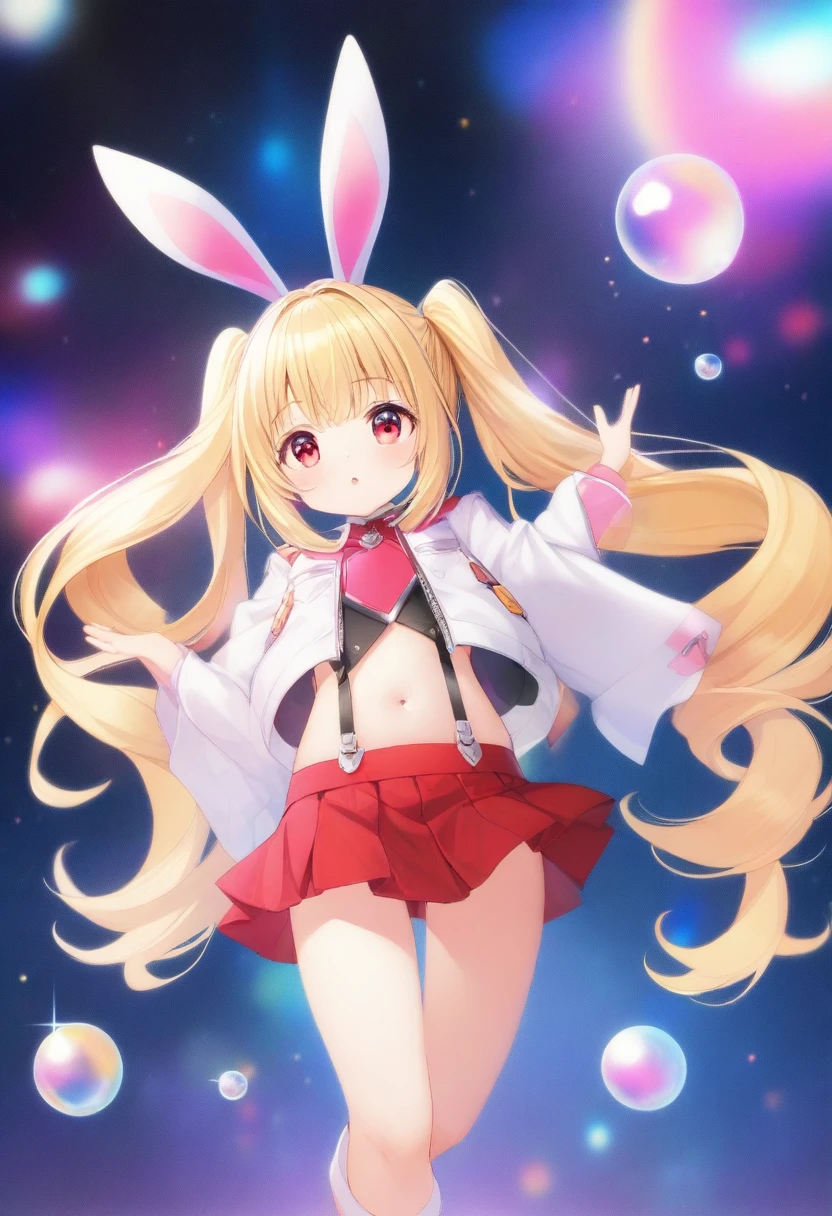 1girl, ,_girl,ruby, blonde hair, twintails, bangs, red eyes, very long hair, crystal bunny ears, futuristic rabbit ears, wide sleeves, very short jacket, open jacket, white jacket, suspenders, futuristic outfit, bubbles, a space background in the background, 1girl, solo, skirt, blonde hair, long hair, navel, very long hair, white background, pleated skirt, long sleeves, cute