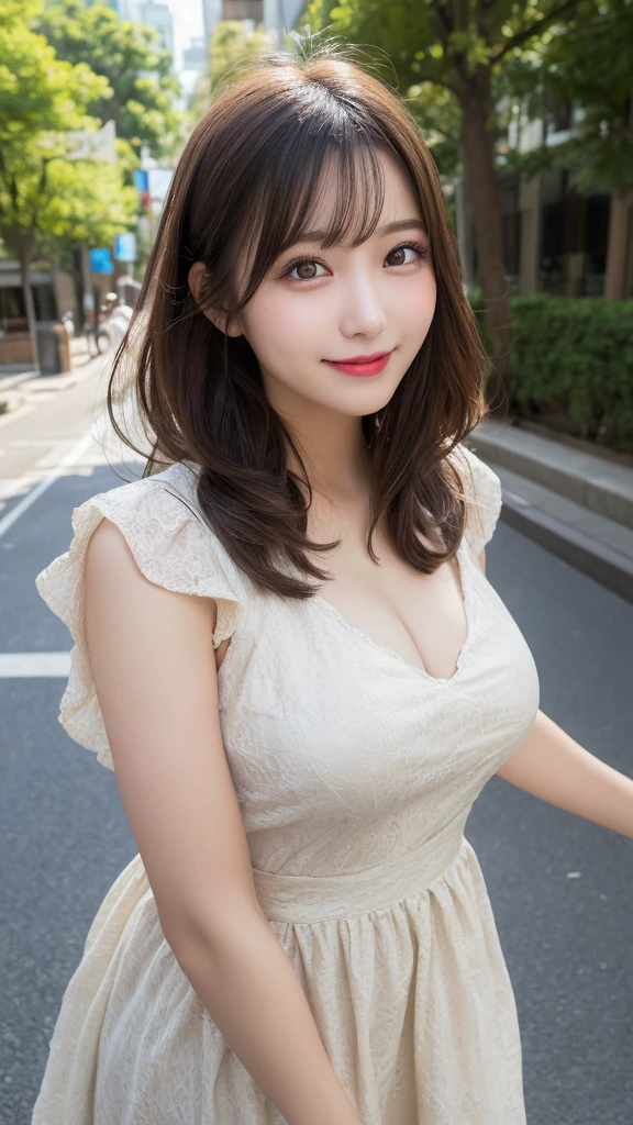 masutepiece, Best Quality, Illustration, Ultra-detailed, finely detail, hight resolution, 8K Wallpaper, Perfect dynamic composition, Beautiful detailed eyes, summer dress,Medium Hair, Same as, Natural Color Lip, Random and sexy poses,Smile,Aoyama Street Walk、27 years girl, big breast