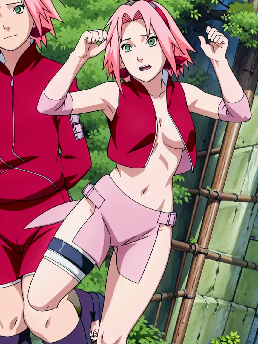 Sakura Haruno nude,wide hips,abdomen,sexy ,Show your armpits,jump,On the tree,IPST, naked,Torn shirt,blushing,sexually aroused, In the forest,open shirt,nipple,pink nipples,full body