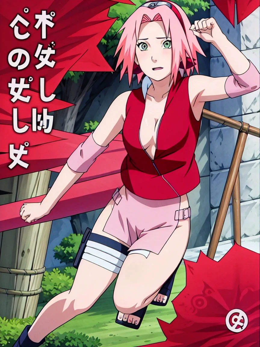 Sakura Haruno nude,wide hips,abdomen,sexy ,Show your armpits,jump,On the tree,IPST, naked,Torn shirt,blushing,sexually aroused, In the forest,open shirt,nipple,pink nipples,full body
