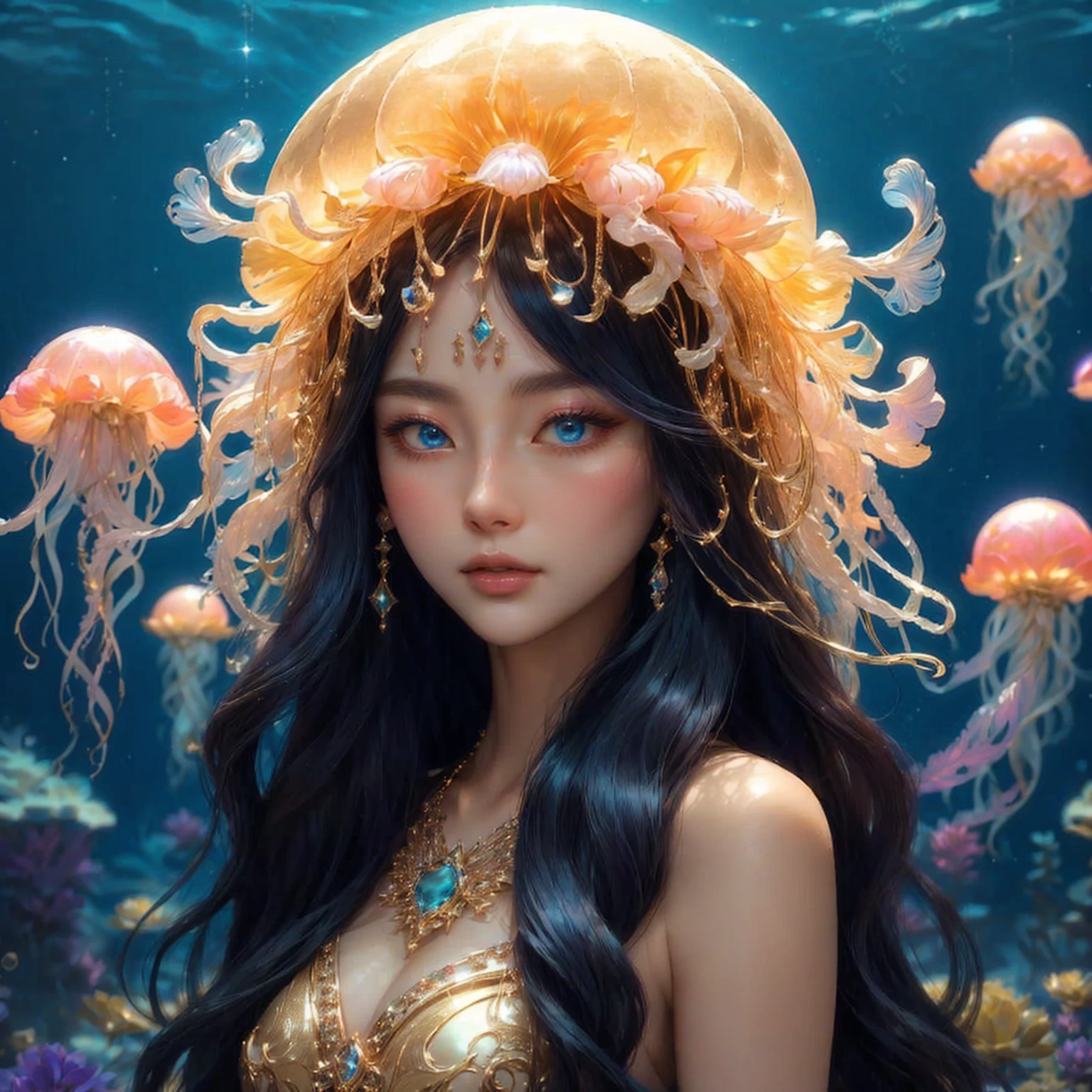 woman , sea blue eyes , pink mouth ,Dressed in gold, standing in front of a crescent moon., goddess of heaven, goddess of the moon, anime goddess, beautiful heavenly mage, lunar goddess, Moon Goddess, Golden Lotus Princess, Goddess of the Galaxy, Beautiful Fantasy Empress, ((Beautiful Fantasy Empress)), Goddess and Moon, As the sun goddess,, Goddess of space and time , , Fine gold jewelry