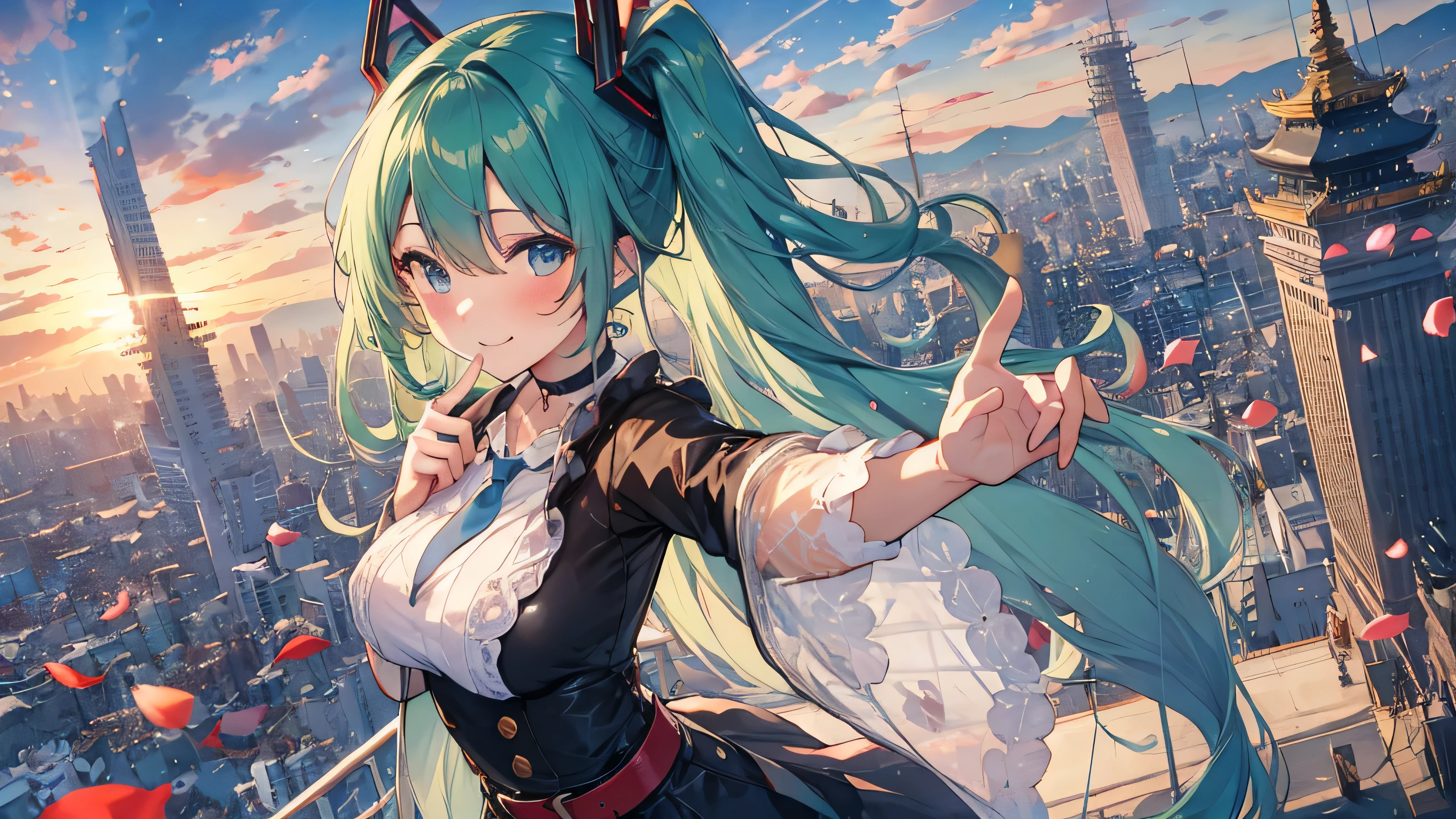 soles, masterpiece, Hatsune Miku, 1 person, solo, hair inhalation, face up, blue sky, glow white particle, (sidelighting:1.2), sun rise , pink cloud, detailed clouds, slender, Lovely small exposed breasts, super cute smile with teeth, red cheek, blushing, naught face, beautiful green hair, magic light, deep shiny blue eyes, cute girly pause, Draw your breasts inward and push them up, choker, black see-through blouse with green tie, blue skirt , white belt, black long grove, put on pink and blue head gear, Kyoto city scape, super detailed beautiful city view background, wide shot, give wink, giving peace sign, singer, the petals fall and dance in the wind.