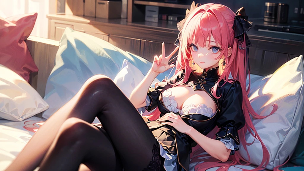 (finely detailed beautiful eyes and detailed face,masterpiece sidelighting,masterpiece,best quality,detailed,high resolution illustration),
(1girl,whole body,bishoujo,lustrous skin,looking down,looking at viewer),
(sky pink hair,Blue eyes,short skirt,ribbon)、tits、Beautiful 5 fingers、Black lace pants、