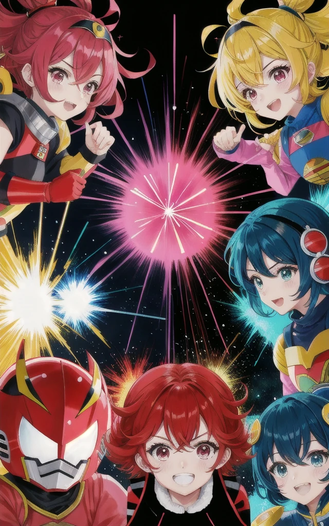 tokusatu, sentai, five People, red, black, blue, Yellow, pink, explosion