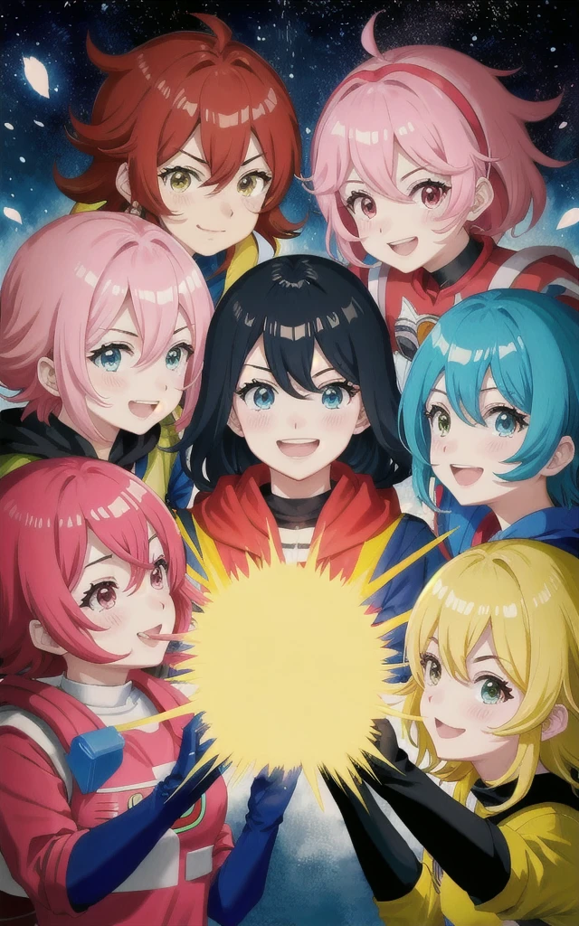 tokusatu, sentai, five People, red, black, blue, Yellow, pink, explosion